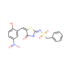 O=C1N/C(=N\S(=O)(=O)Cc2ccccc2)S/C1=C/c1cc([N+](=O)[O-])ccc1O ZINC000017181000