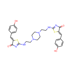 O=C1N=C(NCCN2CCN(CCNC3=NC(=O)/C(=C/c4ccc(O)cc4)S3)CC2)S/C1=C\c1ccc(O)cc1 ZINC000095557789