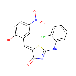 O=C1N=C(Nc2ccccc2Cl)S/C1=C\c1cc([N+](=O)[O-])ccc1O ZINC000018209812