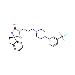 O=C1N[C@]2(CCc3ccccc32)C(=O)N1CCCN1CCN(c2cccc(C(F)(F)F)c2)CC1 ZINC000103173468