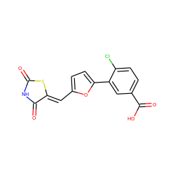 O=C1NC(=O)/C(=C/c2ccc(-c3cc(C(=O)O)ccc3Cl)o2)S1 ZINC000004699738