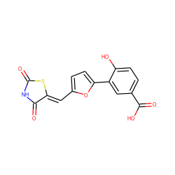 O=C1NC(=O)/C(=C/c2ccc(-c3cc(C(=O)O)ccc3O)o2)S1 ZINC000035962272