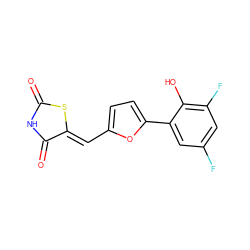 O=C1NC(=O)/C(=C/c2ccc(-c3cc(F)cc(F)c3O)o2)S1 ZINC000038214096