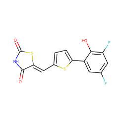 O=C1NC(=O)/C(=C/c2ccc(-c3cc(F)cc(F)c3O)s2)S1 ZINC000035962282