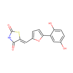 O=C1NC(=O)/C(=C/c2ccc(-c3cc(O)ccc3O)o2)S1 ZINC000035962285