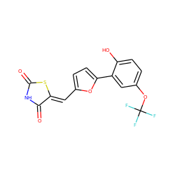 O=C1NC(=O)/C(=C/c2ccc(-c3cc(OC(F)(F)F)ccc3O)o2)S1 ZINC000035825959