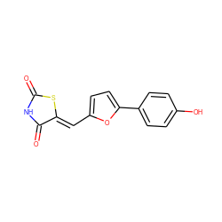 O=C1NC(=O)/C(=C/c2ccc(-c3ccc(O)cc3)o2)S1 ZINC000034269087