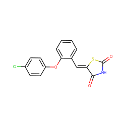 O=C1NC(=O)/C(=C/c2ccccc2Oc2ccc(Cl)cc2)S1 ZINC000012958945