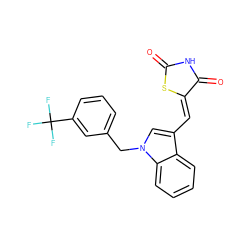 O=C1NC(=O)/C(=C/c2cn(Cc3cccc(C(F)(F)F)c3)c3ccccc23)S1 ZINC000164108332