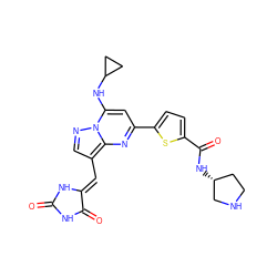 O=C1NC(=O)/C(=C/c2cnn3c(NC4CC4)cc(-c4ccc(C(=O)N[C@@H]5CCNC5)s4)nc23)N1 ZINC000205042446