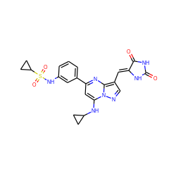 O=C1NC(=O)/C(=C/c2cnn3c(NC4CC4)cc(-c4cccc(NS(=O)(=O)C5CC5)c4)nc23)N1 ZINC000205030695