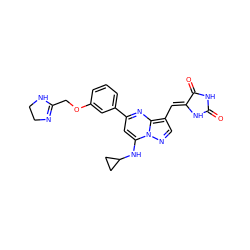 O=C1NC(=O)/C(=C/c2cnn3c(NC4CC4)cc(-c4cccc(OCC5=NCCN5)c4)nc23)N1 ZINC000205017337