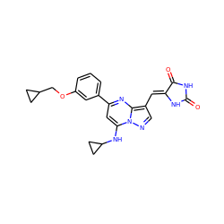 O=C1NC(=O)/C(=C/c2cnn3c(NC4CC4)cc(-c4cccc(OCC5CC5)c4)nc23)N1 ZINC000205014848