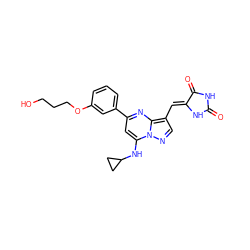 O=C1NC(=O)/C(=C/c2cnn3c(NC4CC4)cc(-c4cccc(OCCCO)c4)nc23)N1 ZINC000205017433