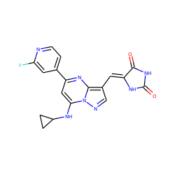 O=C1NC(=O)/C(=C/c2cnn3c(NC4CC4)cc(-c4ccnc(F)c4)nc23)N1 ZINC000117820819