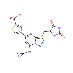 O=C1NC(=O)/C(=C/c2cnn3c(NC4CC4)cc(-c4csc(C(=O)O)c4)nc23)N1 ZINC000167644443