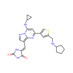 O=C1NC(=O)/C(=C/c2cnn3c(NC4CC4)cc(-c4csc(CNC5CCCC5)c4)nc23)N1 ZINC000205021850