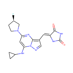 O=C1NC(=O)/C(=C/c2cnn3c(NC4CC4)cc(N4CC[C@@H](F)C4)nc23)N1 ZINC000142861350