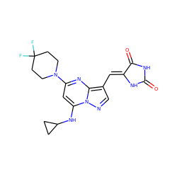 O=C1NC(=O)/C(=C/c2cnn3c(NC4CC4)cc(N4CCC(F)(F)CC4)nc23)N1 ZINC000117573302