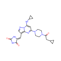 O=C1NC(=O)/C(=C/c2cnn3c(NC4CC4)cc(N4CCN(C(=O)CC5CC5)CC4)nc23)N1 ZINC000117838572