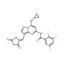 O=C1NC(=O)/C(=C/c2cnn3c(NC4CC4)cc(NC(=O)c4cc(F)cc(F)c4F)nc23)N1 ZINC000205035912