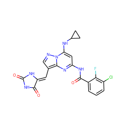 O=C1NC(=O)/C(=C/c2cnn3c(NC4CC4)cc(NC(=O)c4cccc(Cl)c4F)nc23)N1 ZINC000205049300