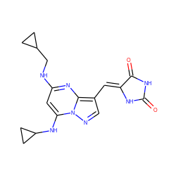 O=C1NC(=O)/C(=C/c2cnn3c(NC4CC4)cc(NCC4CC4)nc23)N1 ZINC000205032737