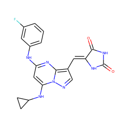 O=C1NC(=O)/C(=C/c2cnn3c(NC4CC4)cc(Nc4cccc(F)c4)nc23)N1 ZINC000117574127