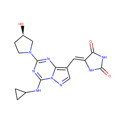 O=C1NC(=O)/C(=C/c2cnn3c(NC4CC4)nc(N4CC[C@@H](O)C4)nc23)N1 ZINC000205018038