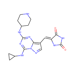 O=C1NC(=O)/C(=C/c2cnn3c(NC4CC4)nc(NC4CCNCC4)nc23)N1 ZINC000205044572