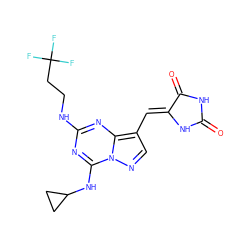 O=C1NC(=O)/C(=C/c2cnn3c(NC4CC4)nc(NCCC(F)(F)F)nc23)N1 ZINC000205041830