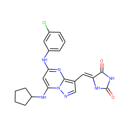 O=C1NC(=O)/C(=C/c2cnn3c(NC4CCCC4)cc(Nc4cccc(Cl)c4)nc23)N1 ZINC000205040872