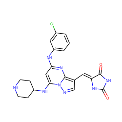 O=C1NC(=O)/C(=C/c2cnn3c(NC4CCNCC4)cc(Nc4cccc(Cl)c4)nc23)N1 ZINC000117821446