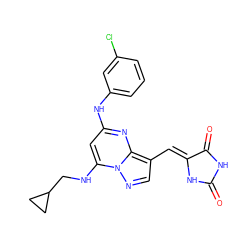 O=C1NC(=O)/C(=C/c2cnn3c(NCC4CC4)cc(Nc4cccc(Cl)c4)nc23)N1 ZINC000205032507