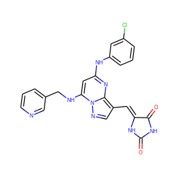 O=C1NC(=O)/C(=C/c2cnn3c(NCc4cccnc4)cc(Nc4cccc(Cl)c4)nc23)N1 ZINC000117838200