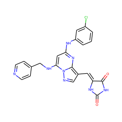 O=C1NC(=O)/C(=C/c2cnn3c(NCc4ccncc4)cc(Nc4cccc(Cl)c4)nc23)N1 ZINC000117828090