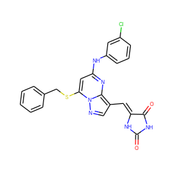 O=C1NC(=O)/C(=C/c2cnn3c(SCc4ccccc4)cc(Nc4cccc(Cl)c4)nc23)N1 ZINC000117821253