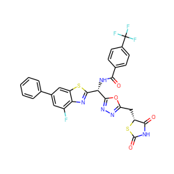 O=C1NC(=O)[C@@H](Cc2nnc([C@@H](NC(=O)c3ccc(C(F)(F)F)cc3)c3nc4c(F)cc(-c5ccccc5)cc4s3)o2)S1 ZINC000206621842