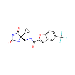 O=C1NC(=O)[C@](CNC(=O)c2cc3cc(C(F)(F)F)ccc3o2)(C2CC2)N1 ZINC001772604144