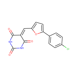 O=C1NC(=O)C(=Cc2ccc(-c3ccc(Cl)cc3)o2)C(=O)N1 ZINC000008768551