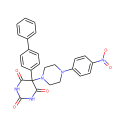 O=C1NC(=O)C(c2ccc(-c3ccccc3)cc2)(N2CCN(c3ccc([N+](=O)[O-])cc3)CC2)C(=O)N1 ZINC000033975062