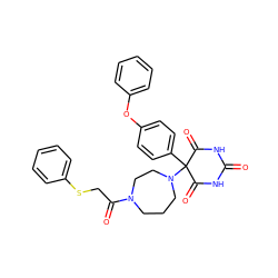 O=C1NC(=O)C(c2ccc(Oc3ccccc3)cc2)(N2CCCN(C(=O)CSc3ccccc3)CC2)C(=O)N1 ZINC000072108192