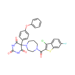 O=C1NC(=O)C(c2ccc(Oc3ccccc3)cc2)(N2CCCN(C(=O)c3sc4cc(F)ccc4c3Cl)CC2)C(=O)N1 ZINC000072108601