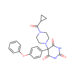 O=C1NC(=O)C(c2ccc(Oc3ccccc3)cc2)(N2CCN(C(=O)C3CC3)CC2)C(=O)N1 ZINC000072106430