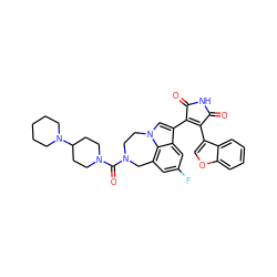 O=C1NC(=O)C(c2cn3c4c(cc(F)cc24)CN(C(=O)N2CCC(N4CCCCC4)CC2)CC3)=C1c1coc2ccccc12 ZINC000096929132