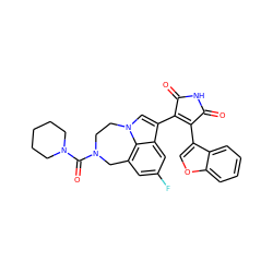 O=C1NC(=O)C(c2cn3c4c(cc(F)cc24)CN(C(=O)N2CCCCC2)CC3)=C1c1coc2ccccc12 ZINC000096929131