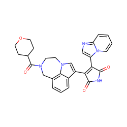 O=C1NC(=O)C(c2cnc3ccccn23)=C1c1cn2c3c(cccc13)CN(C(=O)C1CCOCC1)CC2 ZINC000028136818