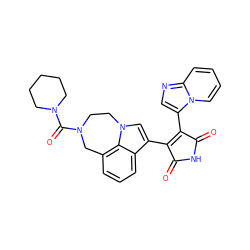 O=C1NC(=O)C(c2cnc3ccccn23)=C1c1cn2c3c(cccc13)CN(C(=O)N1CCCCC1)CC2 ZINC000013581272