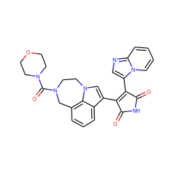 O=C1NC(=O)C(c2cnc3ccccn23)=C1c1cn2c3c(cccc13)CN(C(=O)N1CCOCC1)CC2 ZINC000003817328