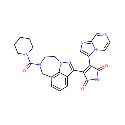 O=C1NC(=O)C(c2cnc3cnccn23)=C1c1cn2c3c(cccc13)CN(C(=O)N1CCCCC1)CC2 ZINC000028125636